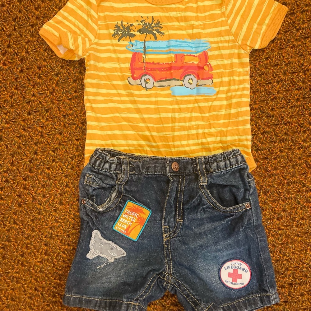Striped Yellow onesie and Denim Shorts Set